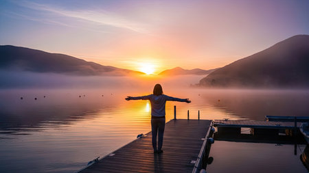 Woman standing on the pier and enjoying the beautiful sunrise over the lakeの素材