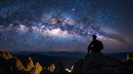 Man sitting on top of the mountain and watching the milky wayの素材