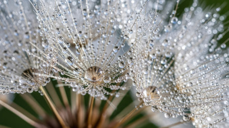 Dandelion seeds with dew drops close-up macro photographyの素材