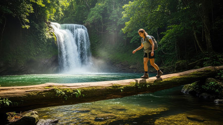 Man standing on log and looking at waterfall in deep tropical forest.の素材