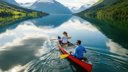 Man and woman kayaking on lake in Norway, Scandinavia.の素材