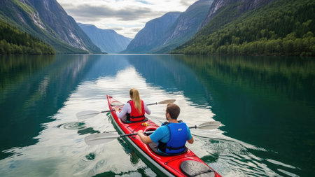 Young couple kayaking on the fjord in Norway, Scandinaviaの素材