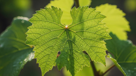 Grape leaf with water drops in the morning light. Close upの素材