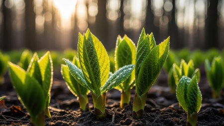 Young green sprouts in the morning light. Sprouts of young plants.の素材