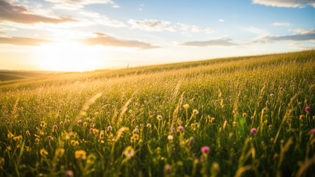 Sunset over a meadow with wildflowers. Beautiful summer landscape.の素材