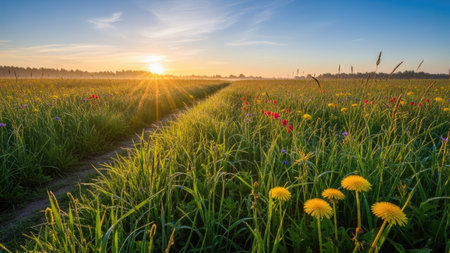 Sunset over a field with dandelions and cornflowersの素材