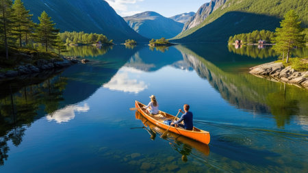 Young couple in a boat on the fjord in Norway.の素材