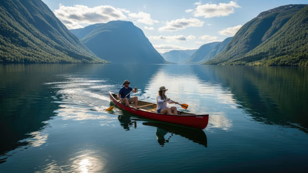 Couple rowing a canoe on a fjord in Norwayの素材