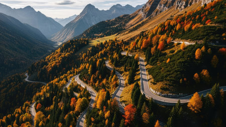 Aerial view of Transfagarasan road in autumn, Romaniaの素材
