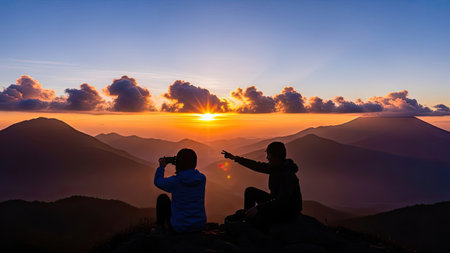 Silhouette of two photographers watching the sunset over the mountains.の素材
