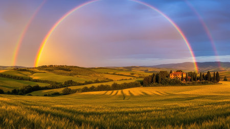 Rainbow over Tuscany, Italy. Panoramic imageの素材