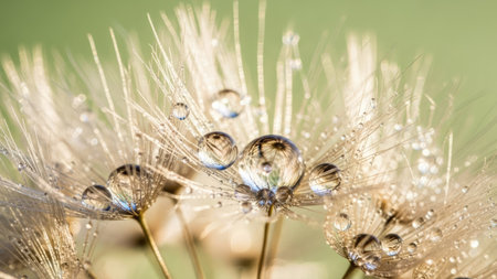 Dandelion seeds with water drops close up macro. Nature backgroundの素材