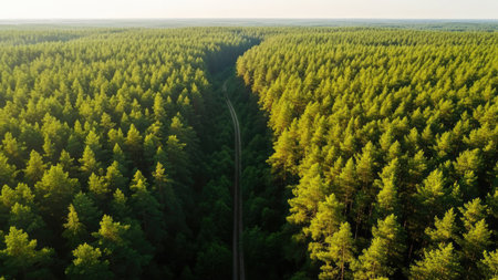 Aerial view of the road through the pine forest in the morningの素材