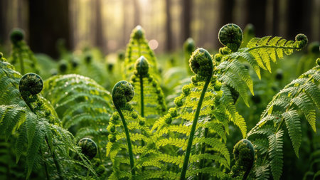 Ferns in the morning sun in the forest. Nature backgroundの素材