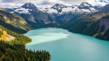 Panoramic view of turquoise lake in the Canadian Rockiesの素材