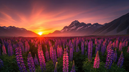 Sunset over lupine flowers in front of Mt Cook, New Zealandの素材