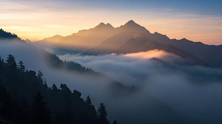 Foggy sunrise in the mountains. Panoramic view.の素材