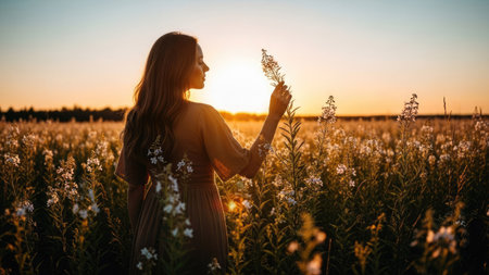 Beautiful young woman in the field at sunset. Girl with wildflowers.の素材