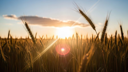 Wheat field at sunset or sunrise. Beautiful landscape with ripening ears of meadow wheat field at sunset or sunrise. Rich harvest Conceptの素材