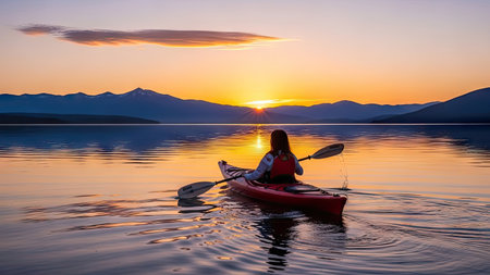 Young woman paddling a kayak at sunset on Lake Tahoeの素材