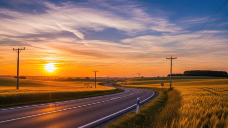 Sunset over a road in the countryside of Bavaria, Germanyの素材