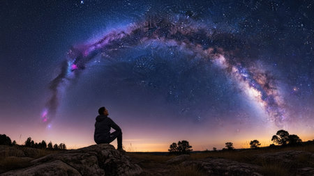 Man sitting on a rock watching the milky way and starry skyの素材