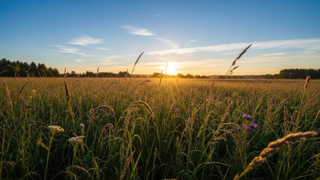 Sunset over an agricultural field in summer with ears of grass and purple flowersの素材
