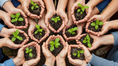 Hands holding green sprout with soil in circle on nature backgroundの素材