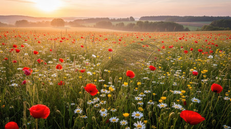 Sunrise over a field with poppies and daisiesの素材