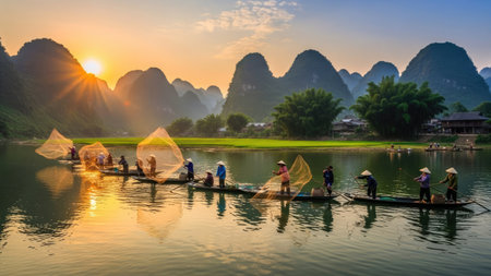 Fishermen on the boat at Li River in Yangshuo Guilin, Chinaの素材