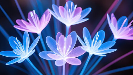 abstract background with purple and blue flower petals in the darkの素材