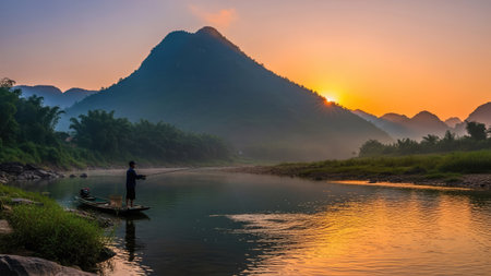 Fisherman in boat on the river with mountain background at sunriseの素材