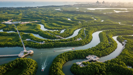 Aerial view of mangrove forest and river in the morningの素材