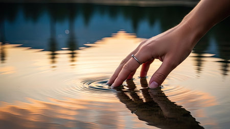 Close up of female hand touching water surface with ripples at sunsetの素材