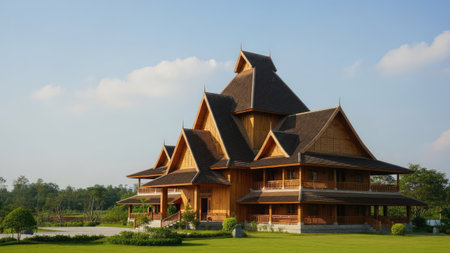 Thai style wooden house with blue sky background in the garden.の素材