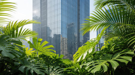 Tropical plant and skyscrapers in Shanghai, China.の素材