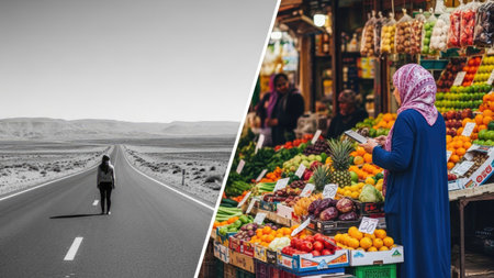 collage of muslim woman walking on street with fruits and vegetablesの素材