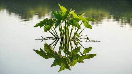 Lotus leaf with reflection on the water surface, natural background.の素材