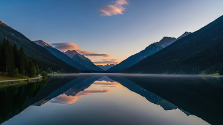 Mountains reflected in a lake at sunrise, Canadian Rockies, Alberta, Canadaの素材