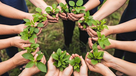 Group of human hands holding young plant on nature background. Earth day conceptの素材
