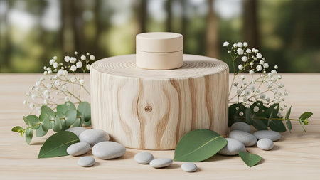 Spa and wellness setting with wooden podium and eucalyptus leaves.の素材