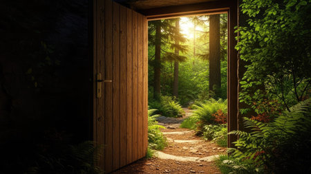 Conceptual image of open door in dark forest with sunlight coming throughの素材