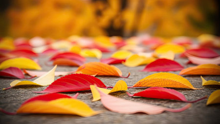 Colorful autumn leaves on the ground. Shallow depth of field.の素材