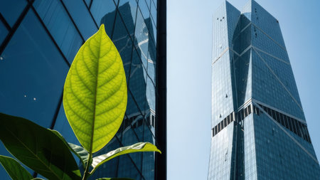 Green leaf and modern skyscrapers in business district in Shanghai, Chinaの素材