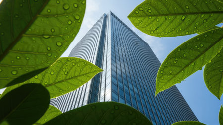 Low angle view of modern skyscraper with green leaves and water dropsの素材