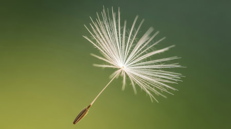 Dandelion seeds on a green background. Shallow depth of field.の素材