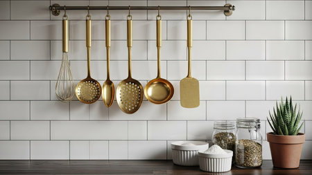 Kitchen utensils hanging on the wall. 3d renderingの素材