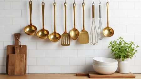 Kitchen utensils on wooden table in front of brick wallの素材