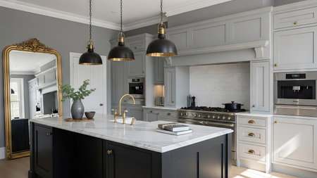 Luxury black and white kitchen interior design. 3d renderの素材