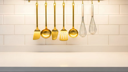 kitchen utensils on white table and white tile wall backgroundの素材